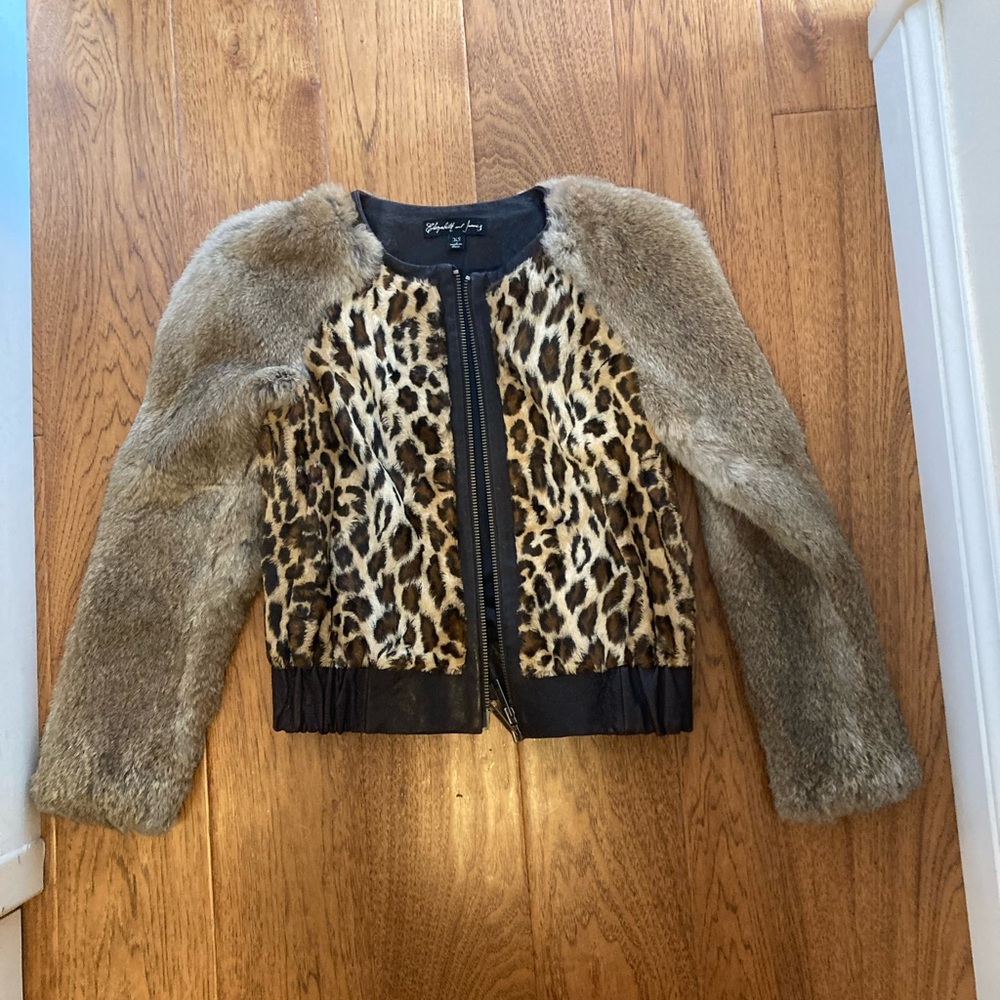 Elizabeth and James Beautiful Real Fur Leopard Print Leather Jacket